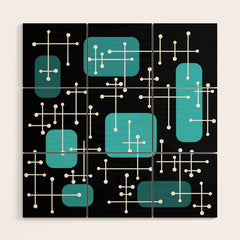 1950s Eames Era Art Crosshairs Black Teal Blue Wood Wall Art