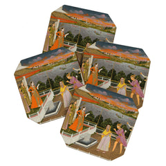 A blindfolded suitor is brought before a princess; verso/ scrolling floral vines 1755 Fayzullah Indian Miniature Painting Coaster