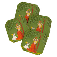 A female attendant is standing in tribhanga pose under a tree. A small child vies for her attention. Coaster