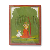 A female attendant is standing in tribhanga pose under a tree. A small child vies for her attention. Metal Print