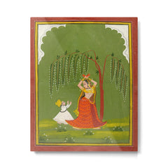 A female attendant is standing in tribhanga pose under a tree. A small child vies for her attention. Metal Print