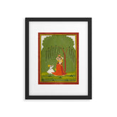 A female attendant is standing in tribhanga pose under a tree. A small child vies for her attention. Framed Art Print