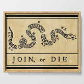 1776 "Join, or Die" Revolutionary War flag with 13 colonies, snake & no colors by Benjamin Franklin Serving Tray