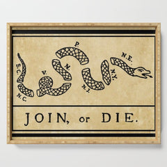 1776 "Join, or Die" Revolutionary War flag with 13 colonies, snake & no colors by Benjamin Franklin Serving Tray
