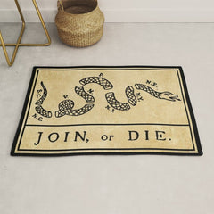 1776 "Join, or Die" Revolutionary War flag with 13 colonies, snake & no colors by Benjamin Franklin Rug
