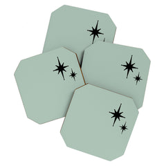 1950s Atomic Age Minimalist Starburst Pair in Black and 50s Celadon Teal Solid Coaster