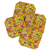 70s Retro Flowers Gingham Floral Pattern Orange Yellow Cream Coaster