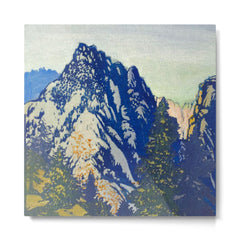 A Departure I - Mountain & Forest Nature Ukiyo Landscape in Blue, Green & Grey Metal Print