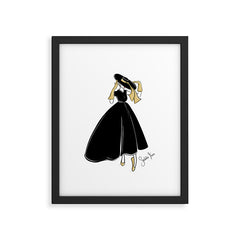 1950's Inspired Fashion Illustration Black & White with Gold Framed Art Print