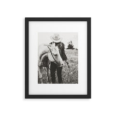 A Cowgirl & Her Horse - Black & White Photo Framed Art Print