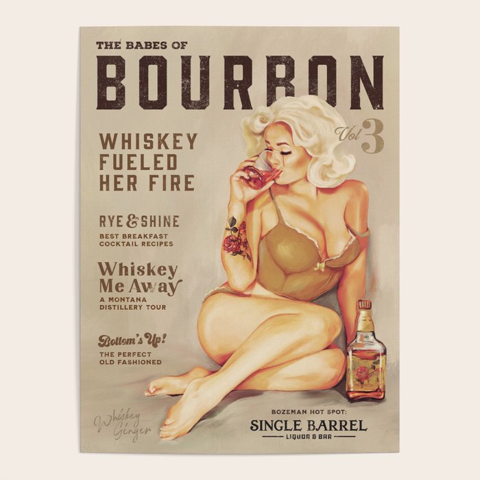 "The Babes Of Bourbon" Cute Vintage Blonde Pinup Girl In Lingerie Drinking Whiskey Poster