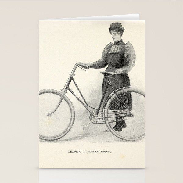 "Leading a Bicycle About" from "Bicycling for Ladies" by Maria E. Ward, 1896 Stationery Card