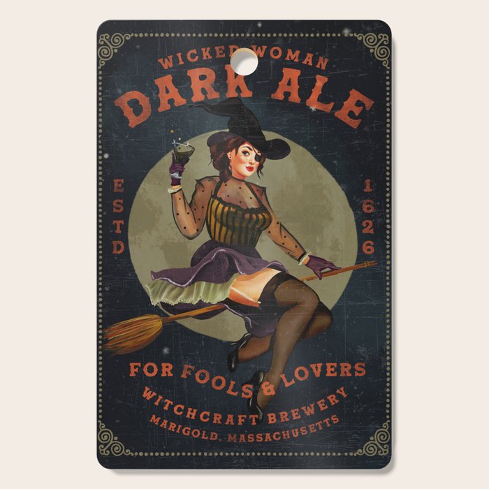 "Wicked Woman Dark Ale" Vintage Pinup Witch Halloween Art Cutting Board