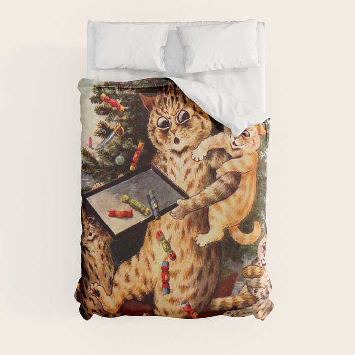 Christmas Time In Catland' Louis Wain Vintage Cat Duvet Cover