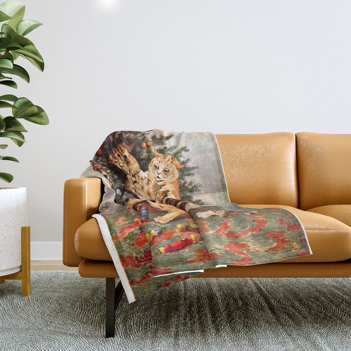 Christmas Time In Catland' Louis Wain Vintage Cat Throw Blanket