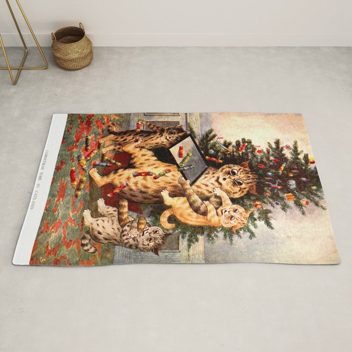 Christmas Time In Catland' Louis Wain Vintage Cat Rug