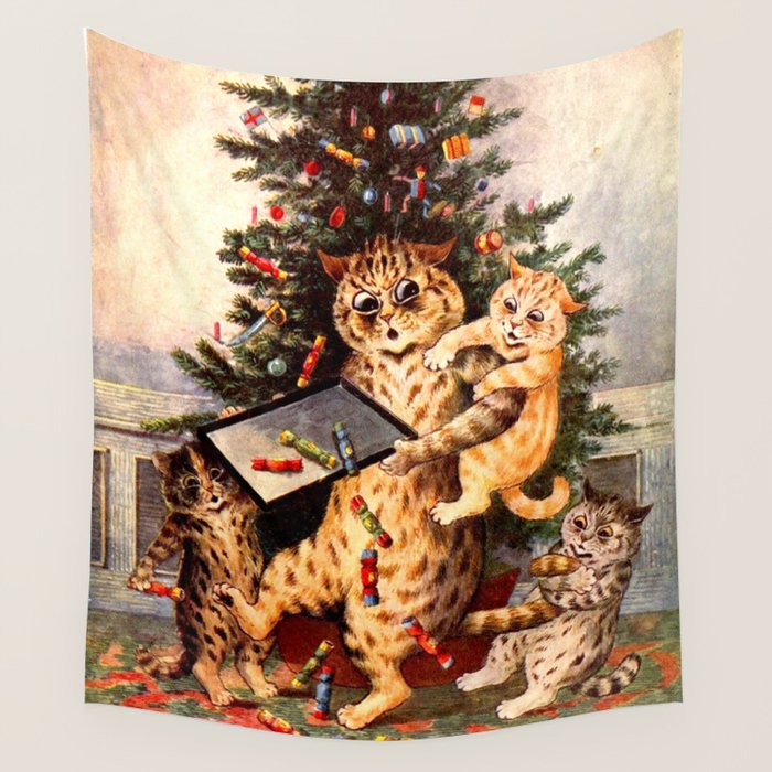 Christmas Time In Catland' Louis Wain Vintage Cat Wall Tapestry
