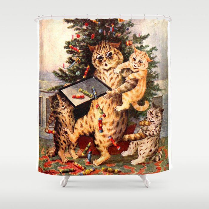 Christmas Time In Catland' Louis Wain Vintage Cat Shower Curtain