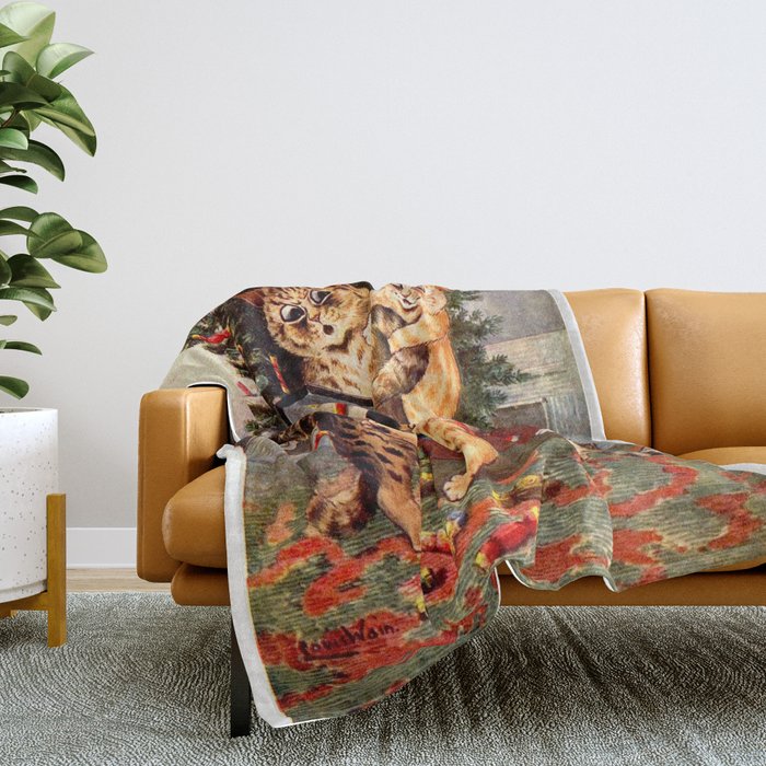 Christmas Time In Catland' Louis Wain Vintage Cat Throw Blanket