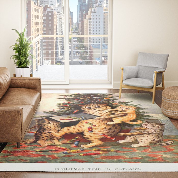 Christmas Time In Catland' Louis Wain Vintage Cat Rug