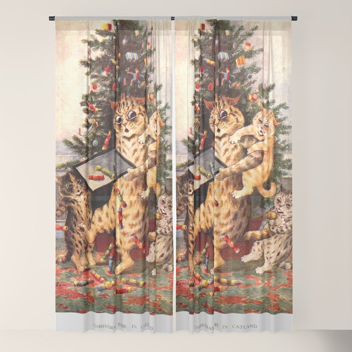 Christmas Time In Catland' Louis Wain Vintage Cat Window Curtain