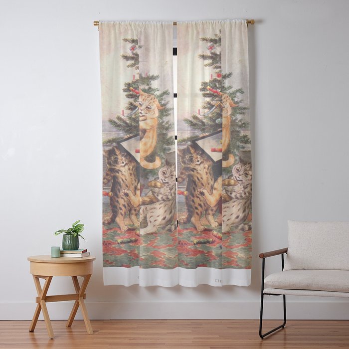Christmas Time In Catland' Louis Wain Vintage Cat Window Curtain