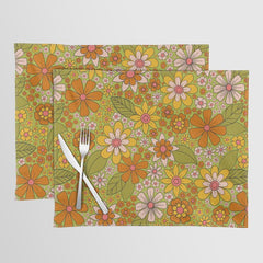 1960s, 1970s Retro Floral in Green, Pink & Orange - Flower Power Placemat
