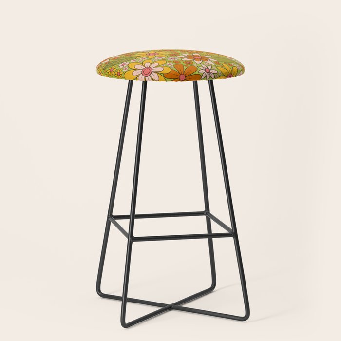 1960s, 1970s Retro Floral in Green, Pink & Orange - Flower Power Stool