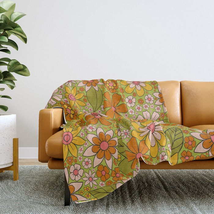 1960s, 1970s Retro Floral in Green, Pink & Orange - Flower Power Throw Blanket