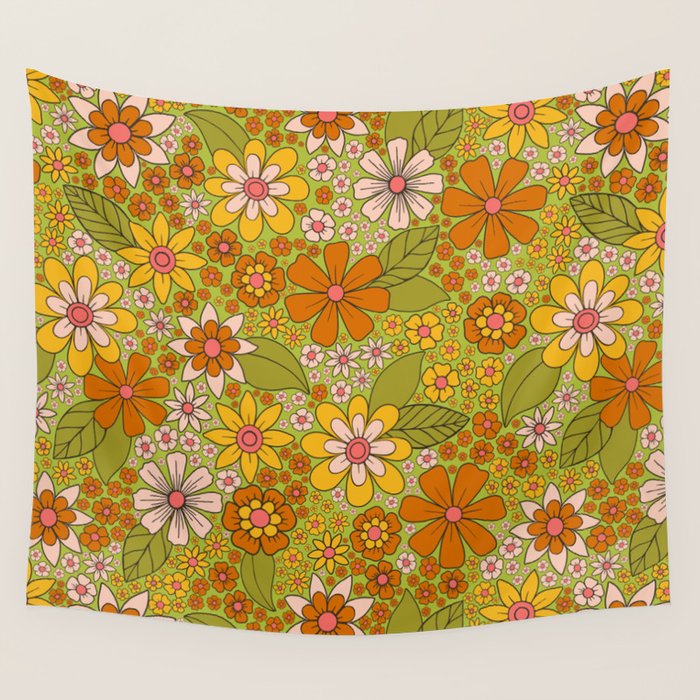 1960s, 1970s Retro Floral in Green, Pink & Orange - Flower Power Wall Tapestry