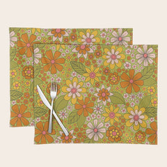 1960s, 1970s Retro Floral in Green, Pink & Orange - Flower Power Placemat
