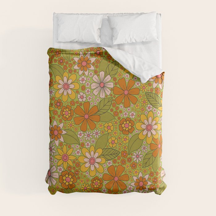 1960s, 1970s Retro Floral in Green, Pink & Orange - Flower Power Duvet Cover