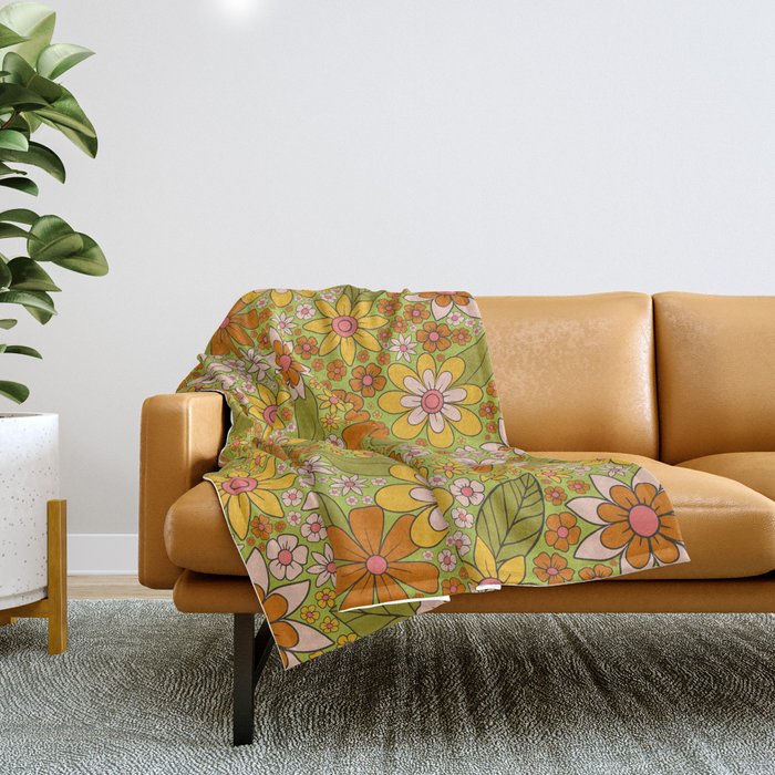 1960s, 1970s Retro Floral in Green, Pink & Orange - Flower Power Throw Blanket