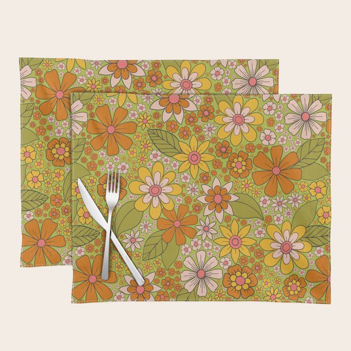1960s, 1970s Retro Floral in Green, Pink & Orange - Flower Power Placemat