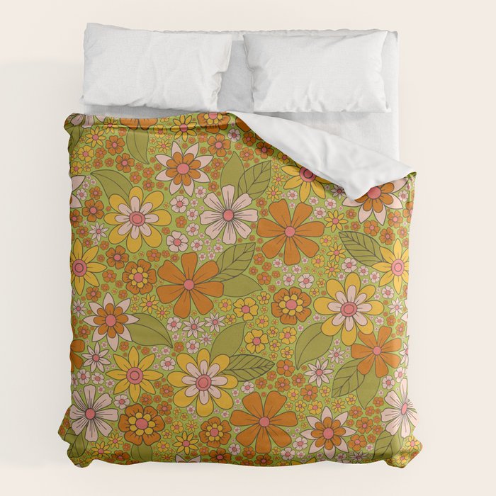 1960s, 1970s Retro Floral in Green, Pink & Orange - Flower Power Duvet Cover