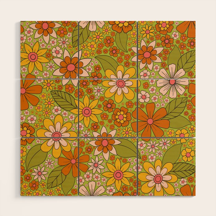 1960s, 1970s Retro Floral in Green, Pink & Orange - Flower Power Wood Wall Art