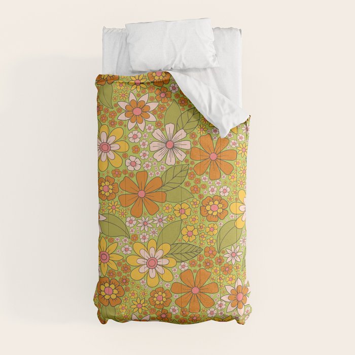 1960s, 1970s Retro Floral in Green, Pink & Orange - Flower Power Comforter