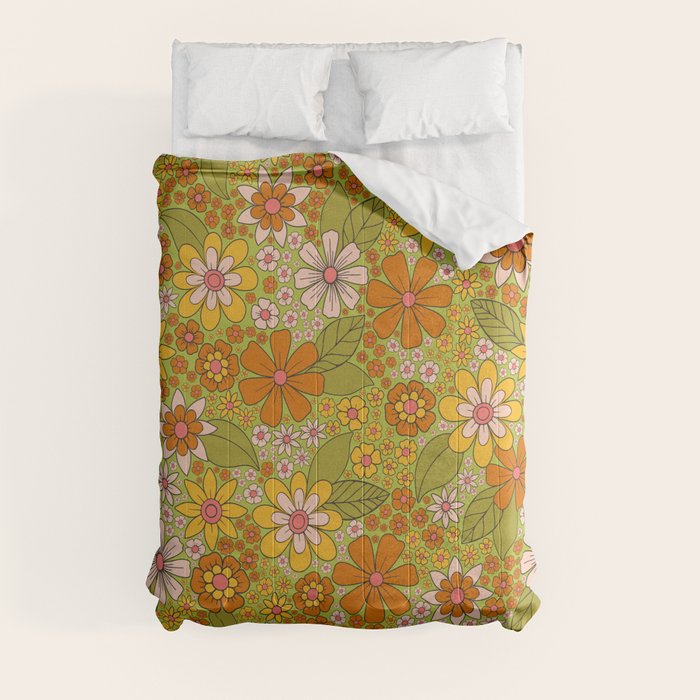 1960s, 1970s Retro Floral in Green, Pink & Orange - Flower Power Comforter