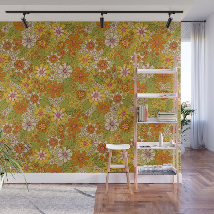 1960s, 1970s Retro Floral in Green, Pink & Orange - Flower Power Wall Mural