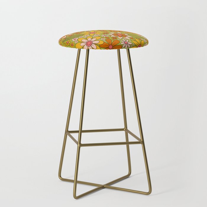 1960s, 1970s Retro Floral in Green, Pink & Orange - Flower Power Stool
