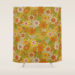 1960s, 1970s Retro Floral in Green, Pink & Orange - Flower Power Shower Curtain