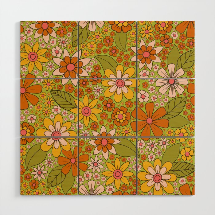 1960s, 1970s Retro Floral in Green, Pink & Orange - Flower Power Wood Wall Art