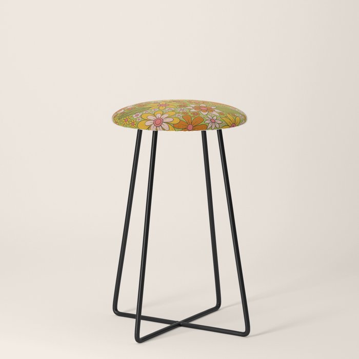 1960s, 1970s Retro Floral in Green, Pink & Orange - Flower Power Stool