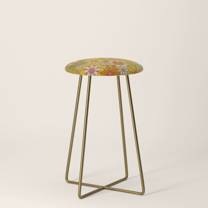 1960s, 1970s Retro Floral in Green, Pink & Orange - Flower Power Stool