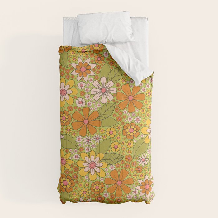 1960s, 1970s Retro Floral in Green, Pink & Orange - Flower Power Comforter