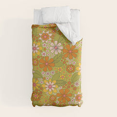 1960s, 1970s Retro Floral in Green, Pink & Orange - Flower Power Duvet Cover