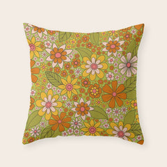 1960s, 1970s Retro Floral in Green, Pink & Orange - Flower Power Throw Pillow