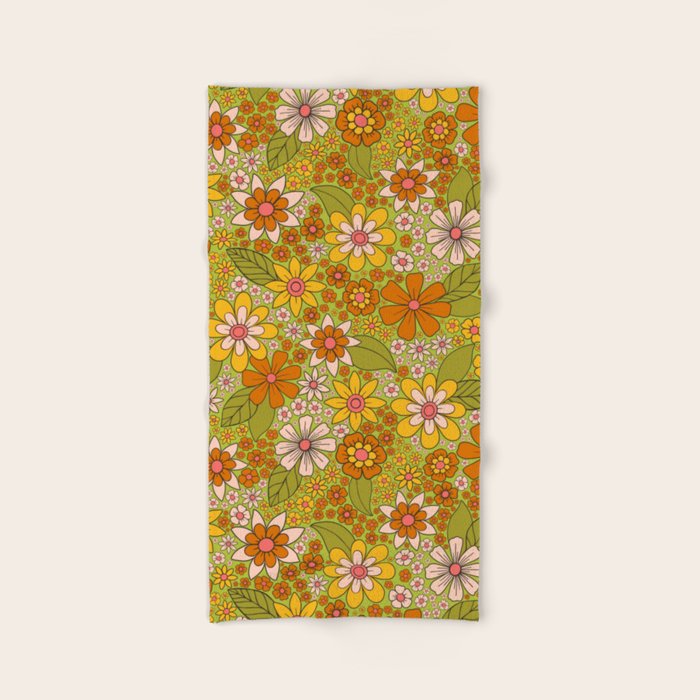 1960s, 1970s Retro Floral in Green, Pink & Orange - Flower Power Bath Towel