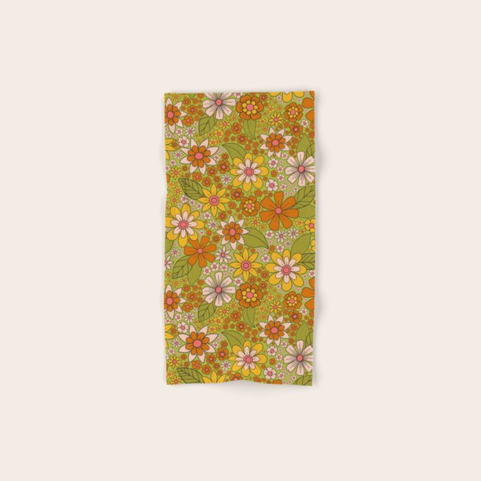 1960s, 1970s Retro Floral in Green, Pink & Orange - Flower Power Bath Towel