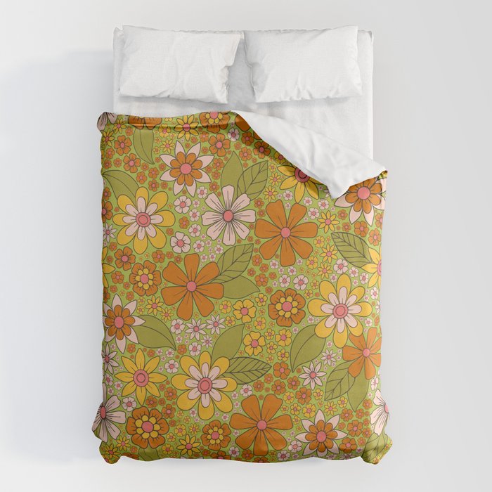 1960s, 1970s Retro Floral in Green, Pink & Orange - Flower Power Duvet Cover